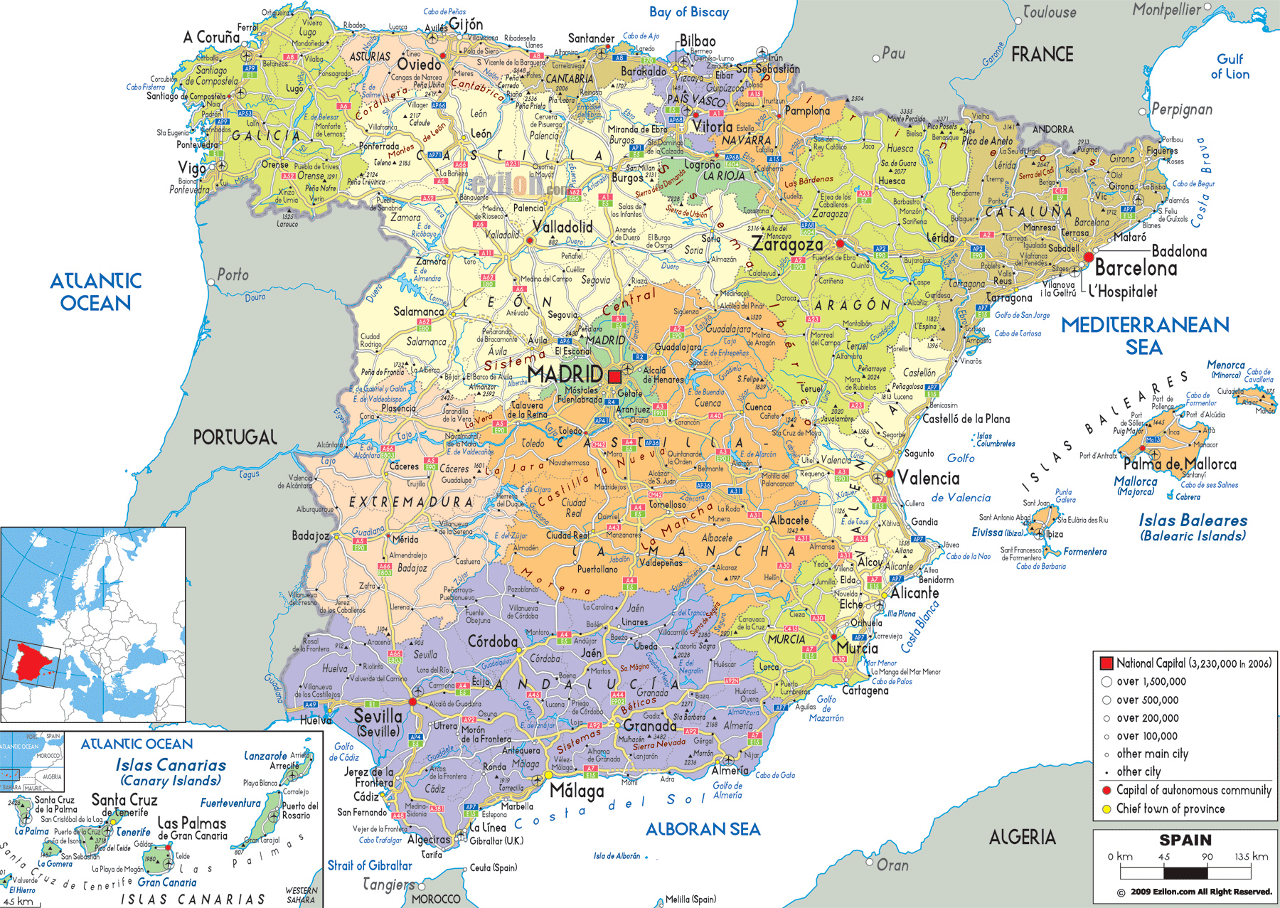 Детальна політична та адміністративна карта Іспанії з усіма дорогами, містами та аеропортами