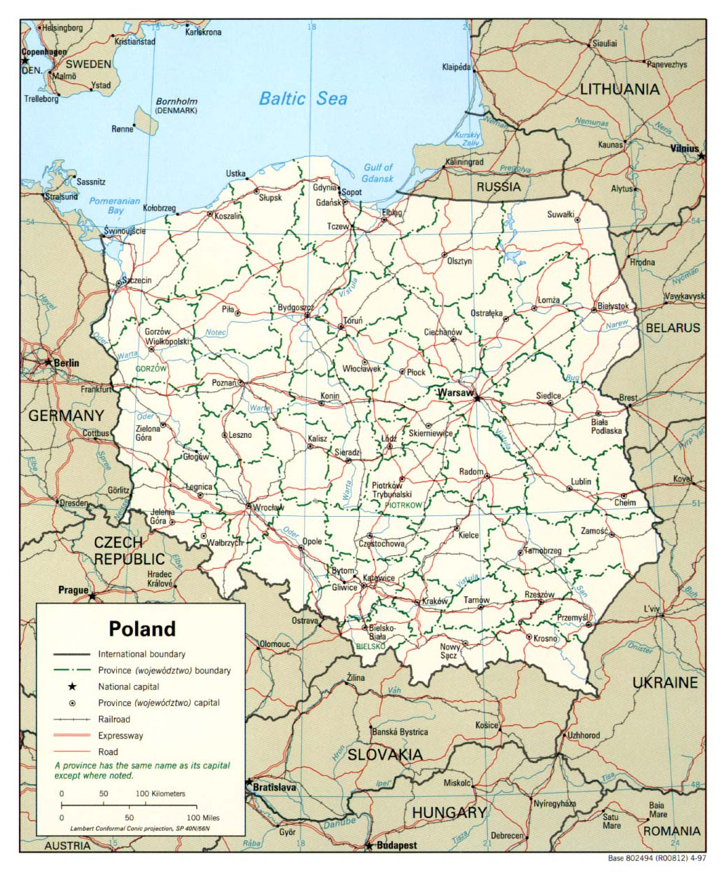Политическая и административная карта Польши с дорогами и городами