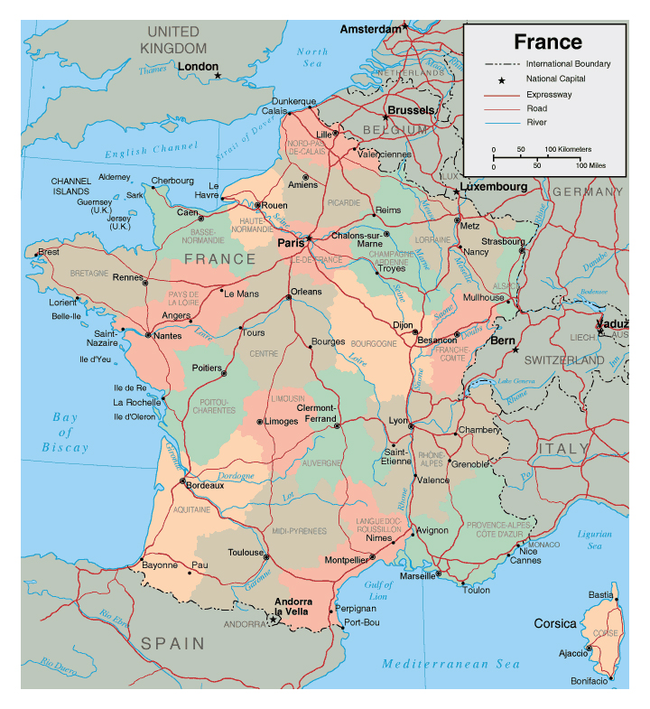 Подробная административная карта Франции