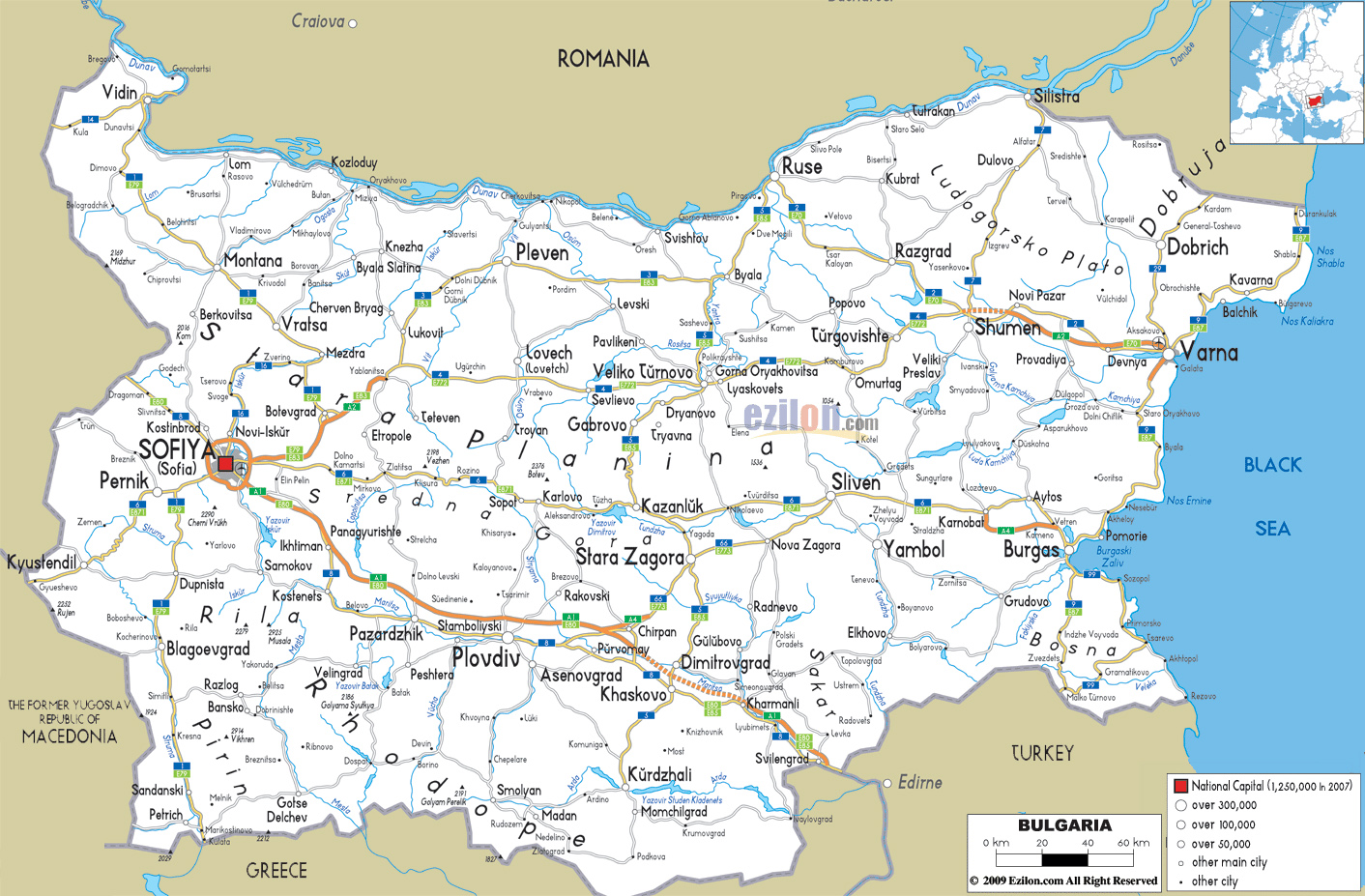 Детальная автодорожная карта Болгарии с городами