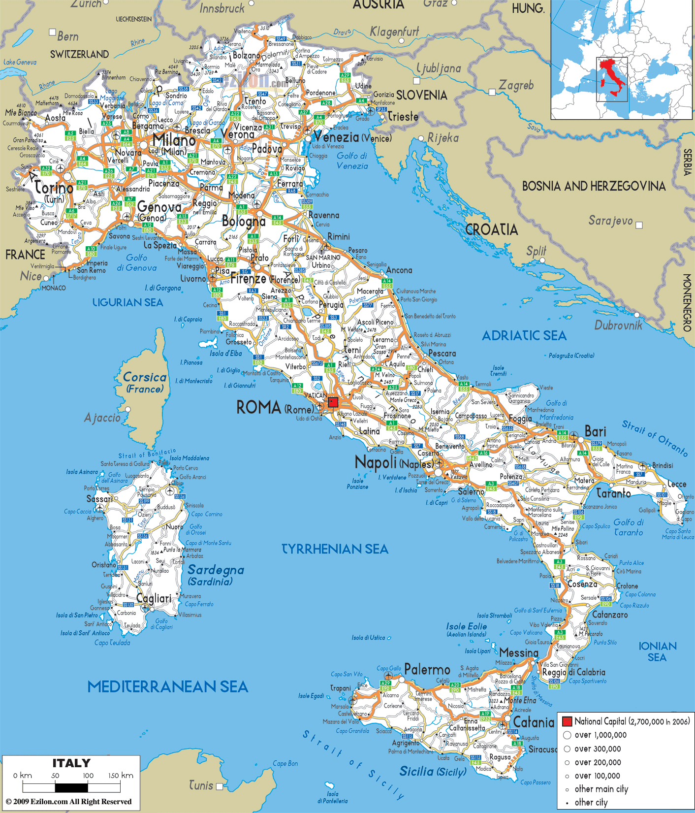 Подробная автодорожная карта Италии с городами и аэропортами