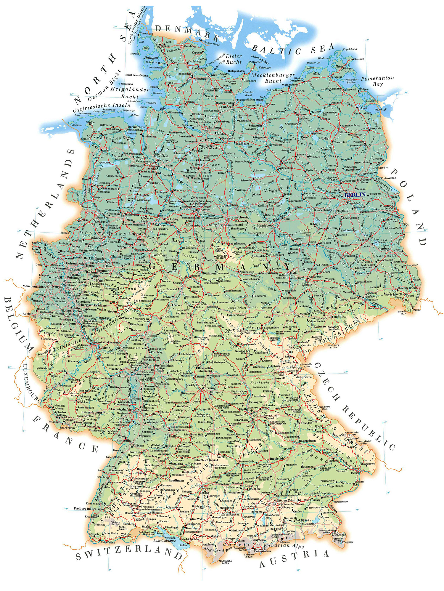 Подробная автодорожная и физическая карта Германии
