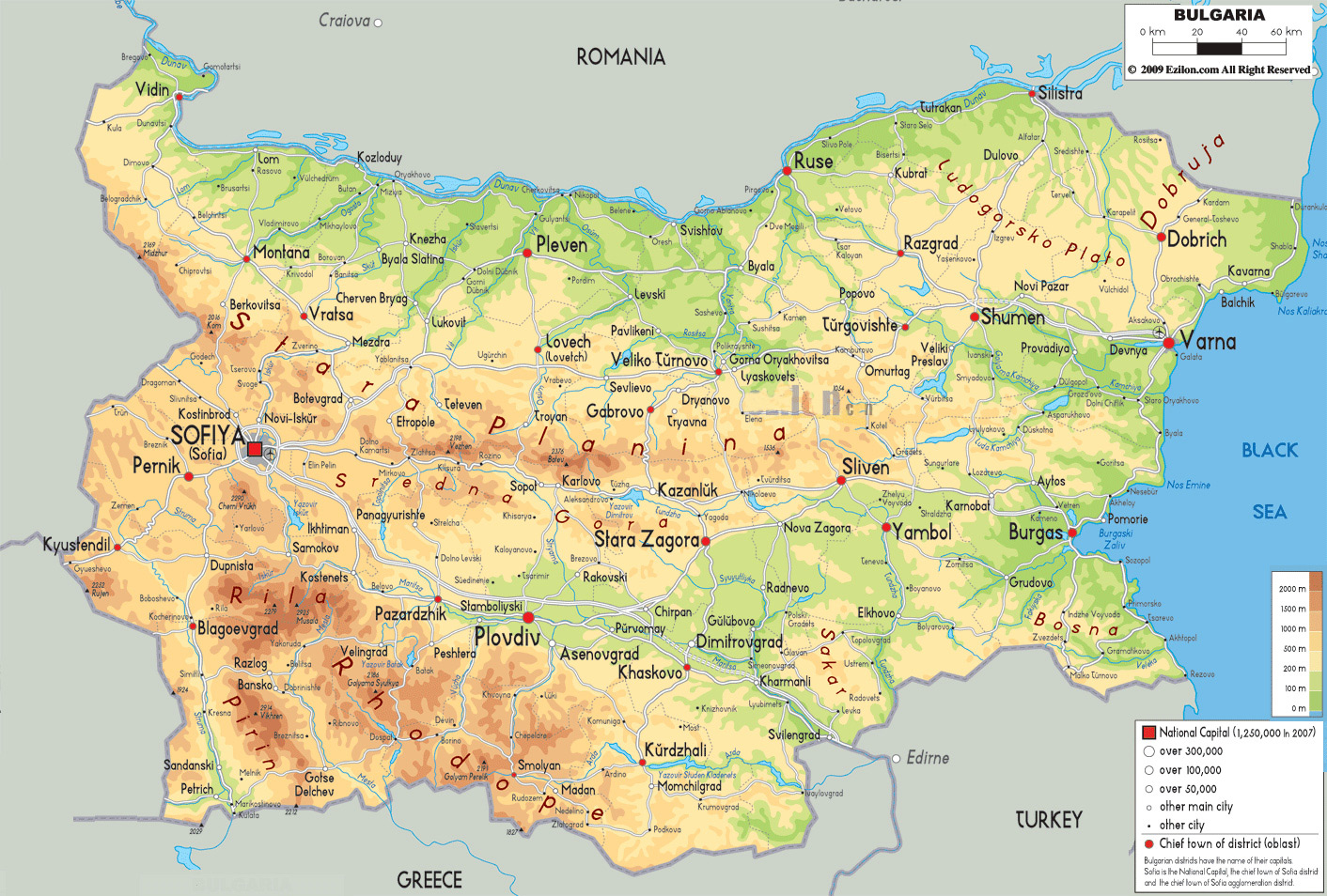 Детальна фізична карта Болгарії з дорогами та містами