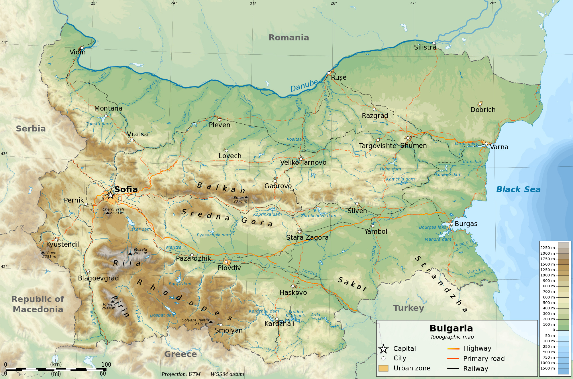 Подробная физическая карта Болгарии