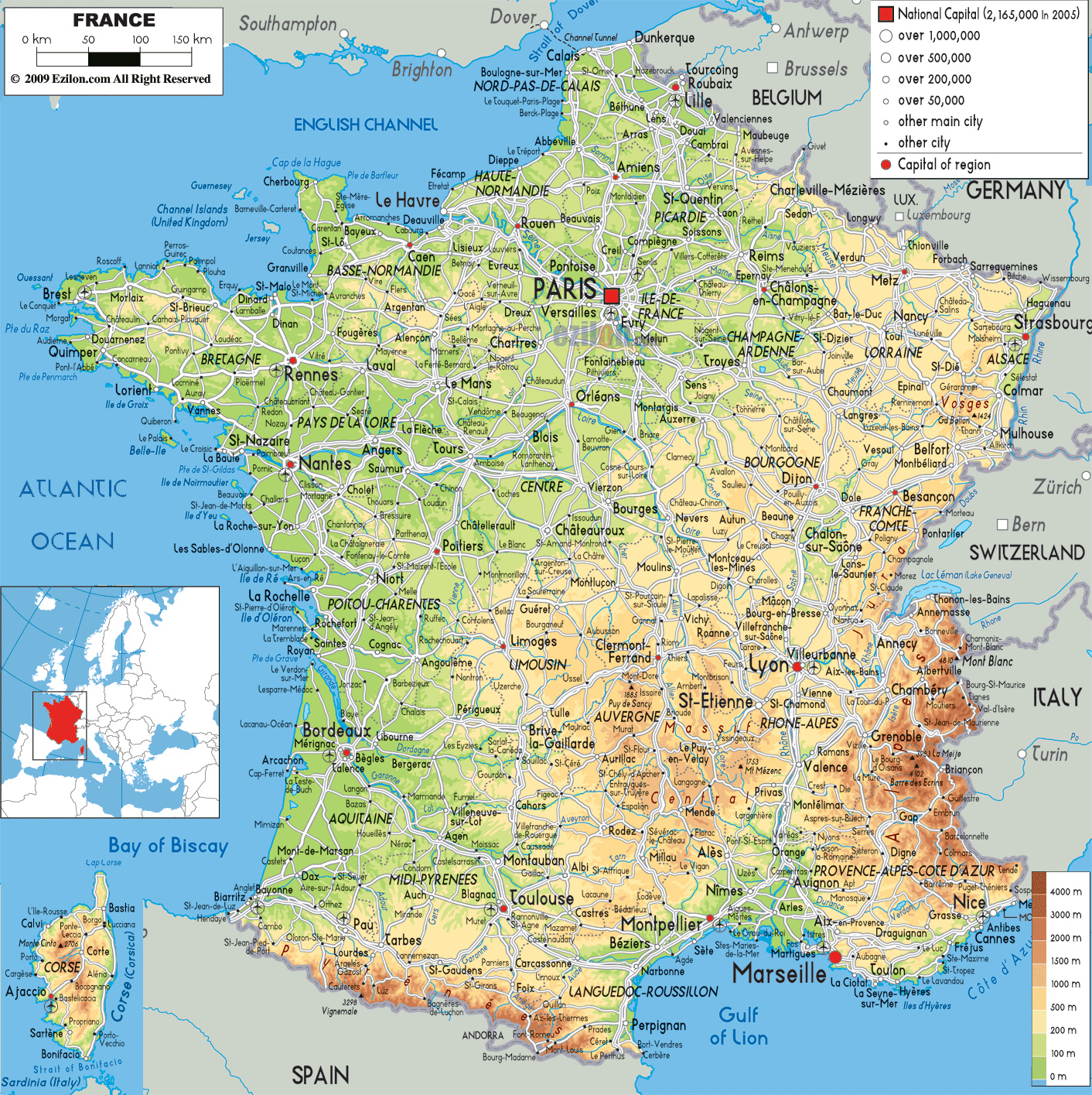 Подробная физическая карта Франции с дорогами, городами и аэропортами