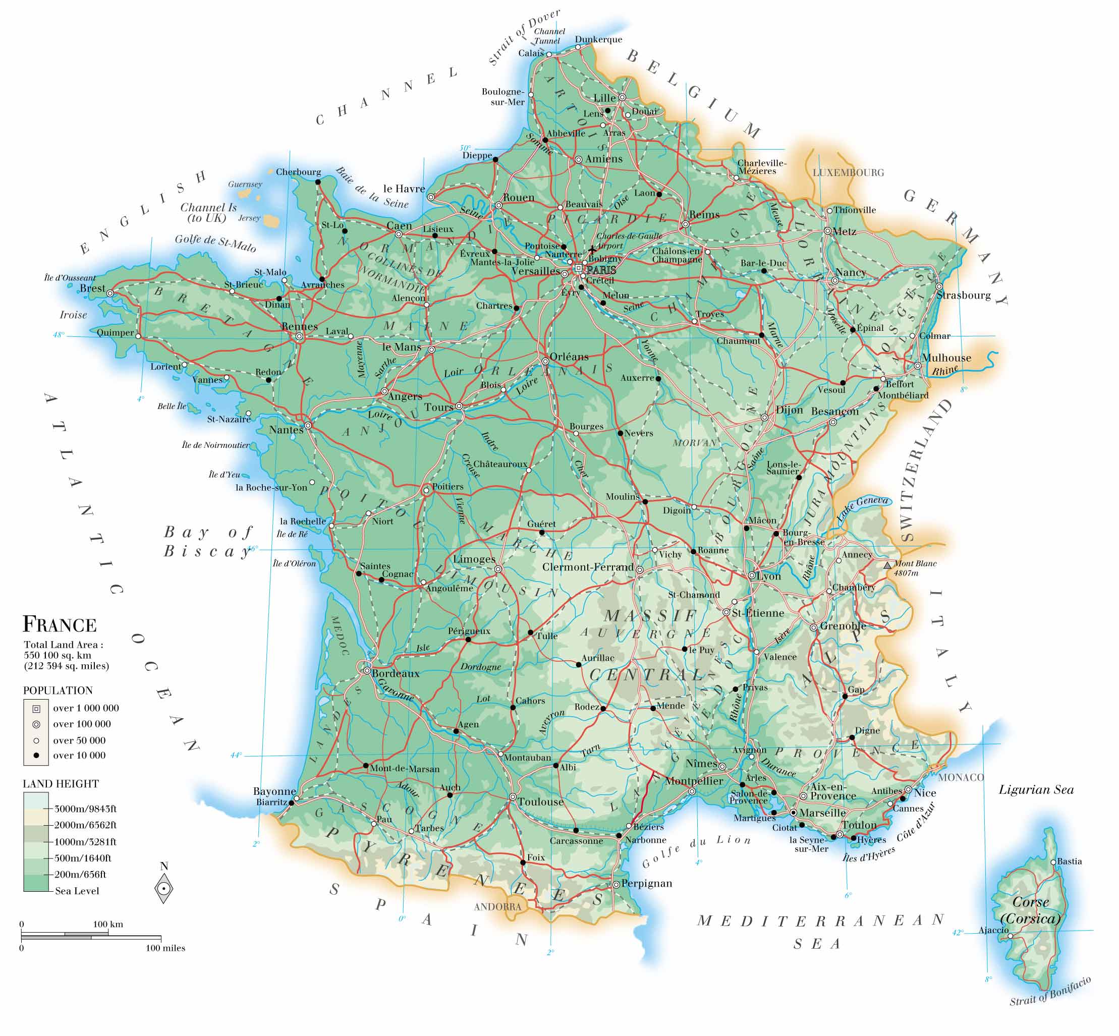 Подробная физическая карта Франции с дорогами и городами