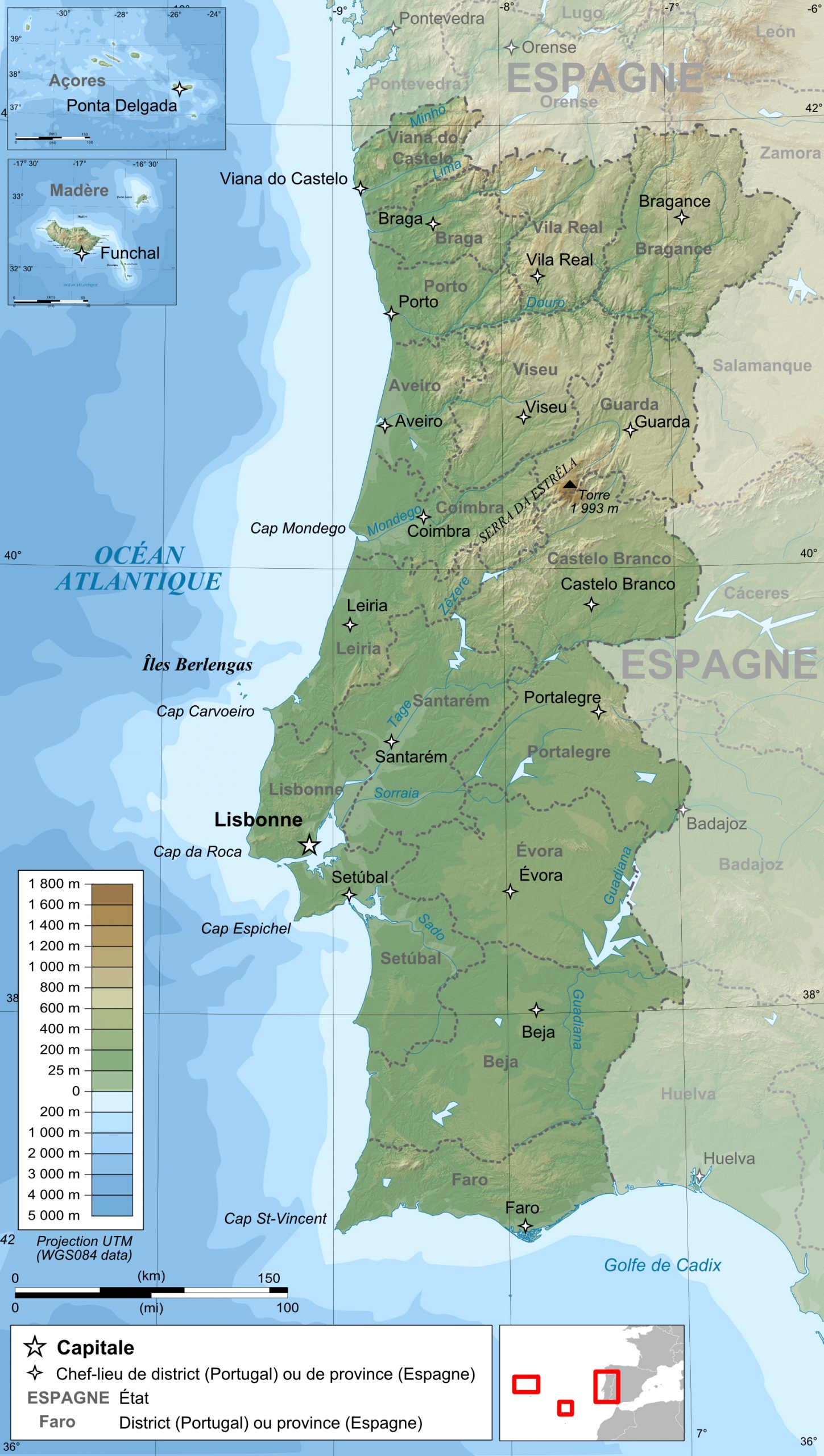 Детальна фізична карта Португалії