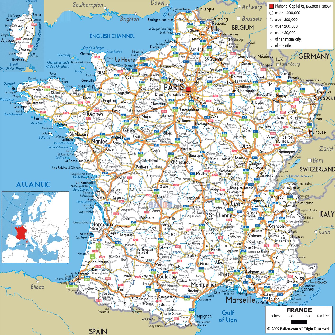 Подробная карта автомобильных дорог Франции с городами и аэропортами