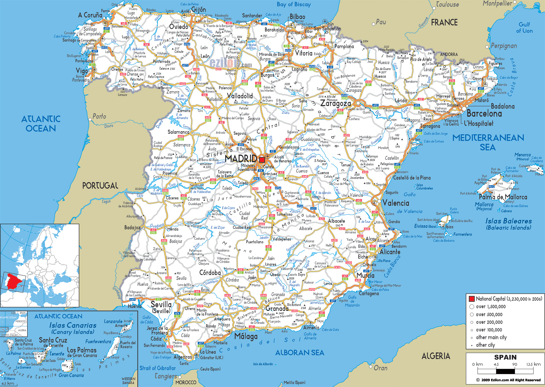 Детальна карта автомобільних доріг Іспанії з усіма містами та аеропортами