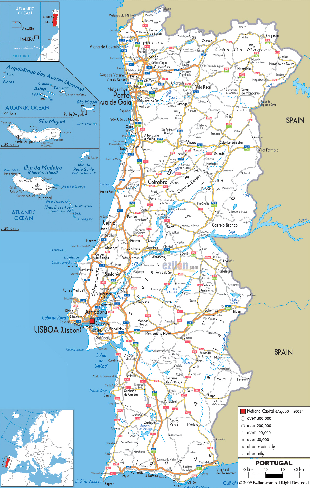 Подробная карта автомобильных дорог Португалии со всеми городами и аэропортами