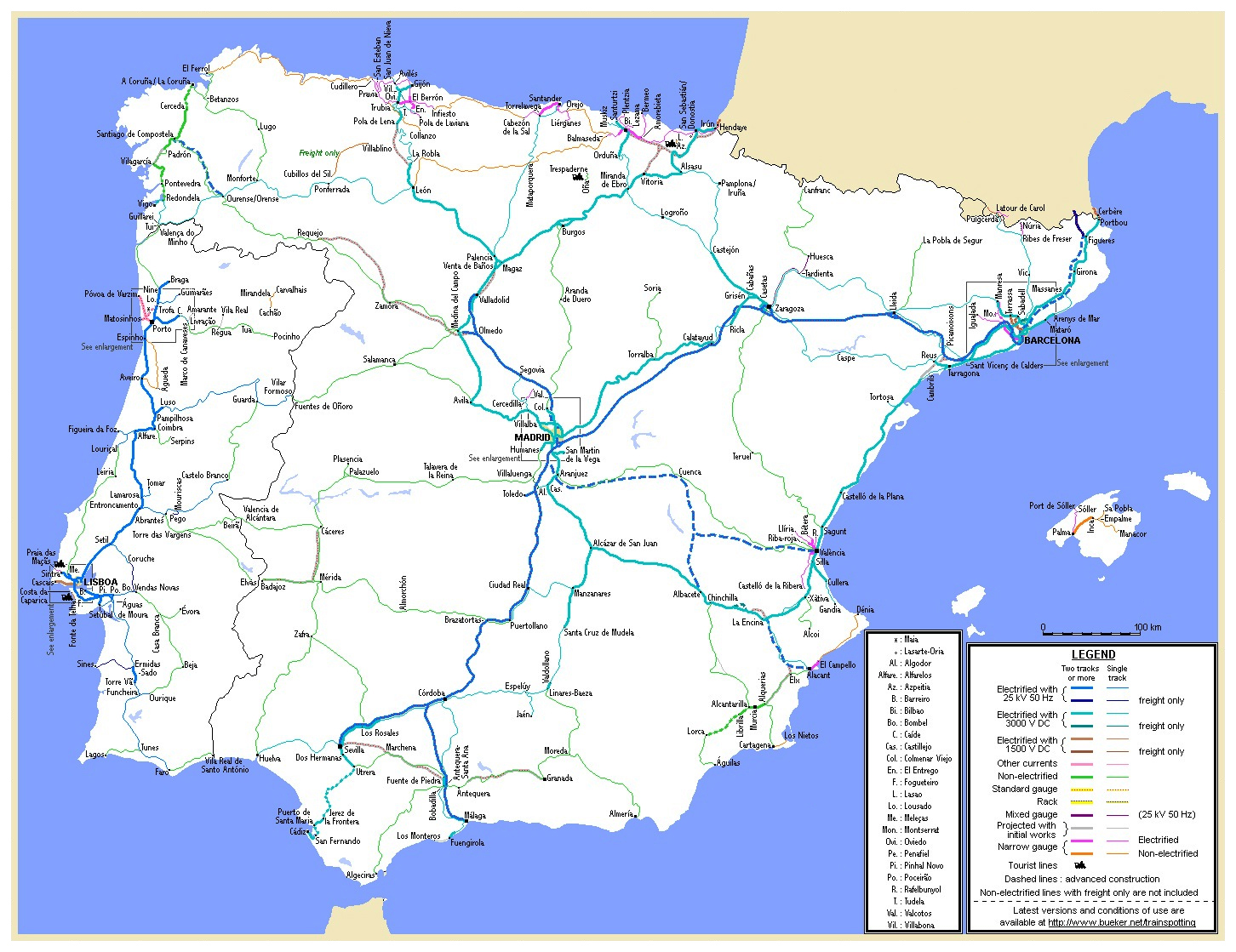 Подробная карта железной дороги Испании и Португалии
