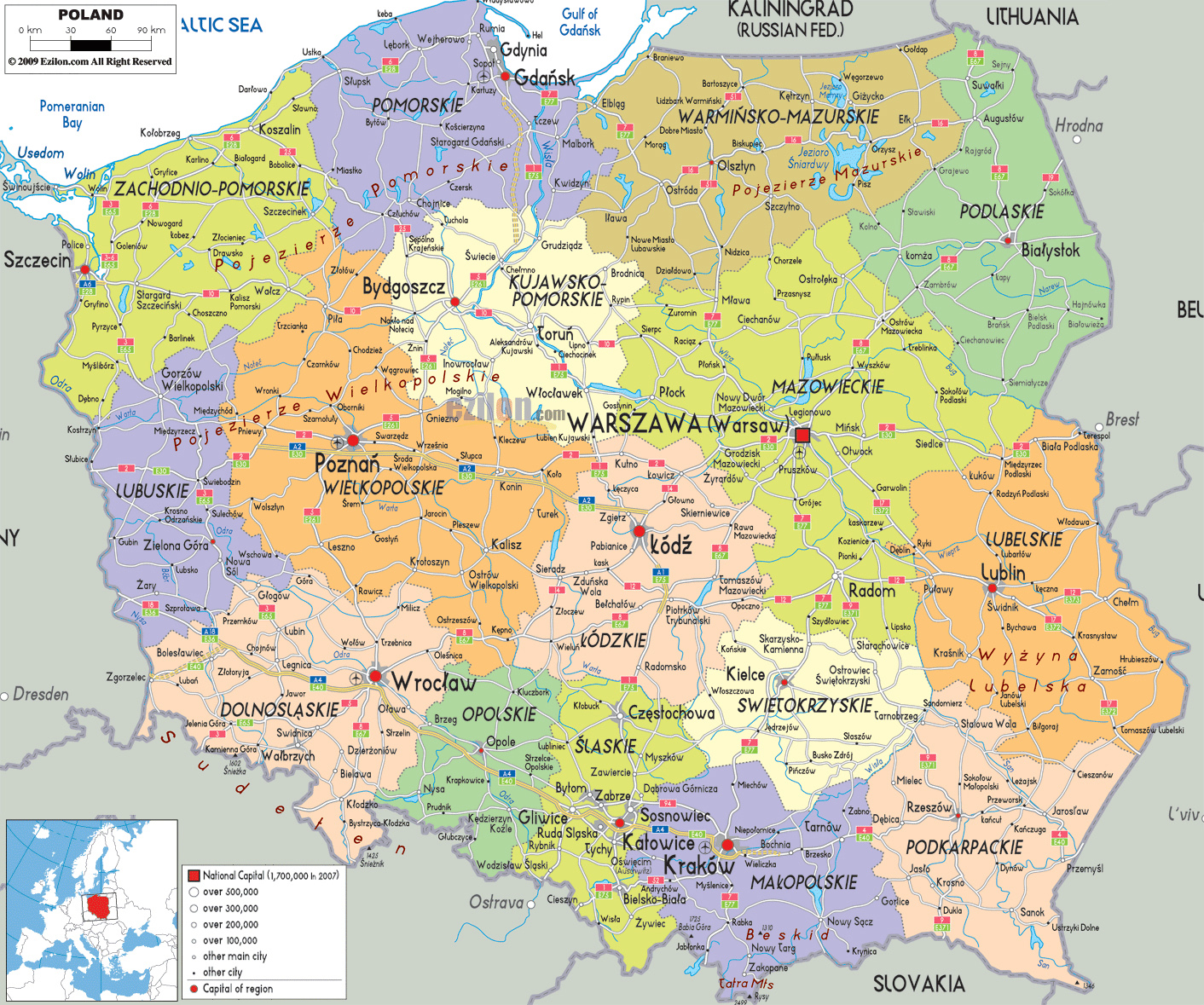 Детальна політична та адміністративна карта Польщі з усіма містами, дорогами та аеропортами