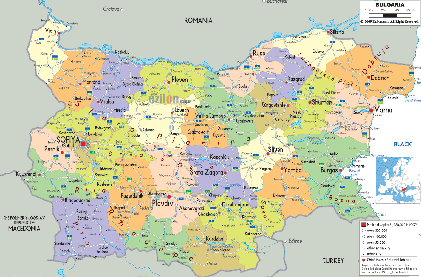 Детальна політико-адміністративна карта Болгарії з дорогами та містами