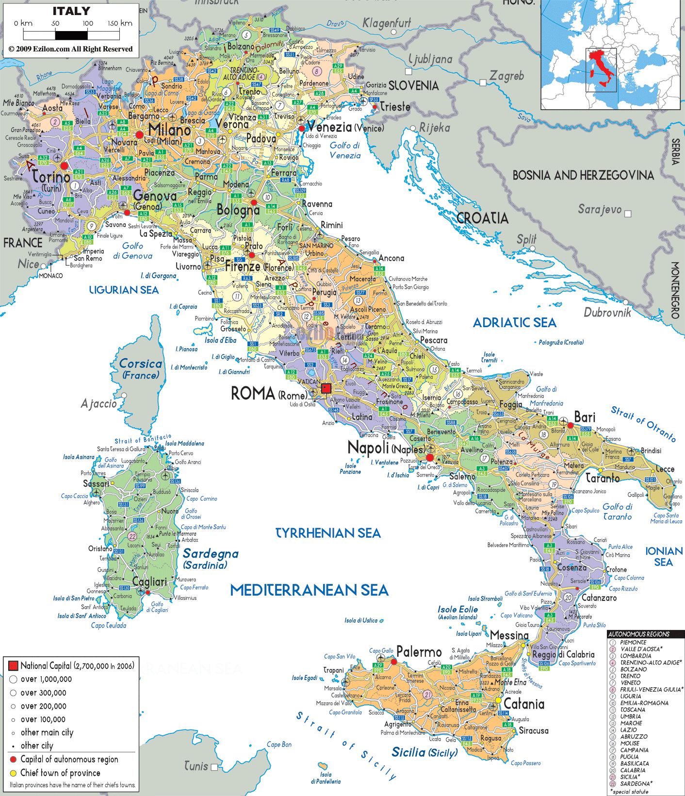 Детальна політико-адміністративна карта Італії з містами, дорогами та аеропортами