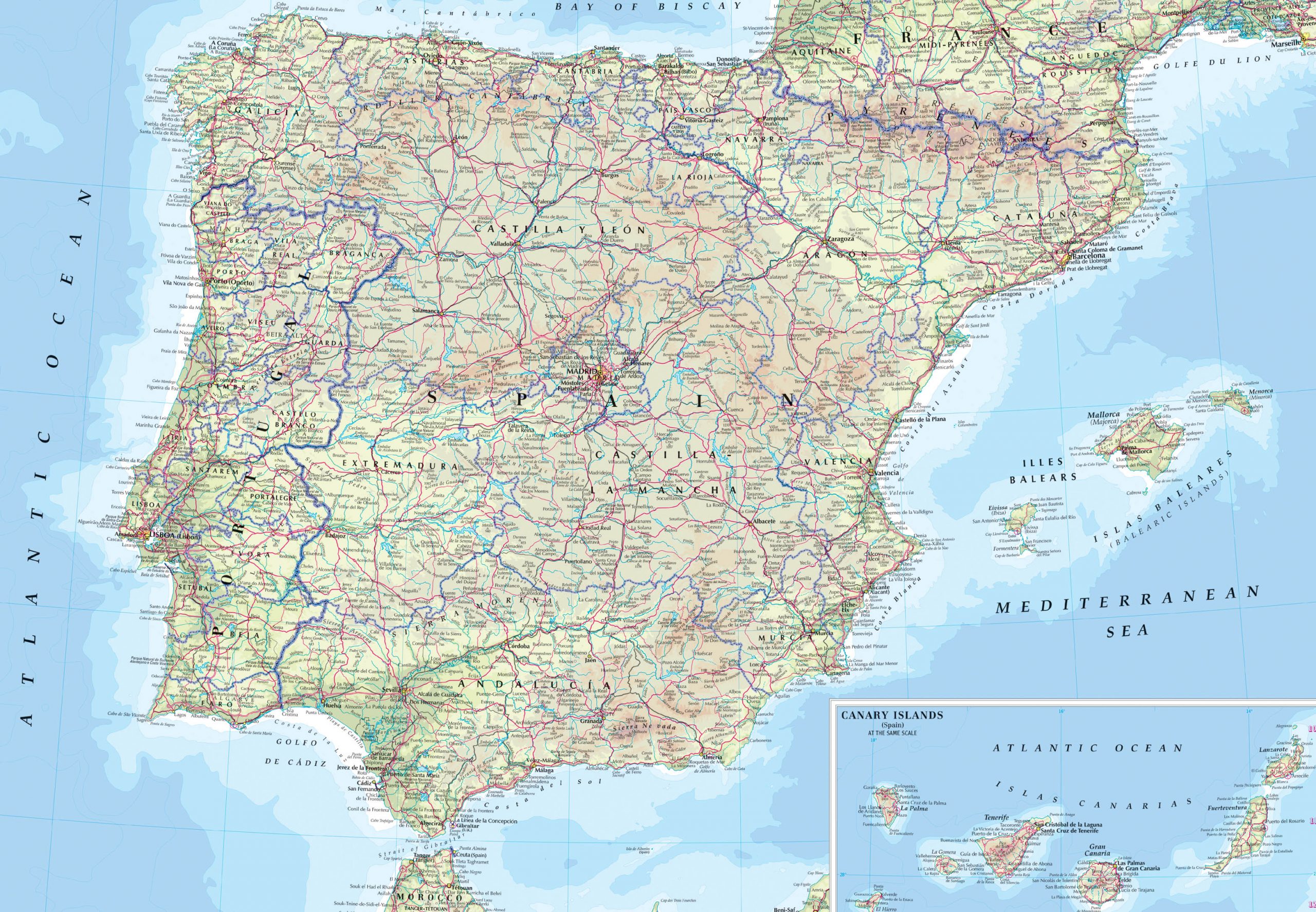 Карта автодорог Испании с городами