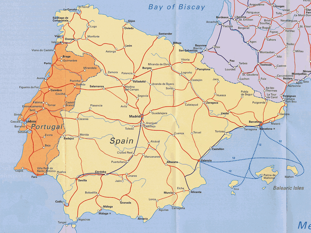 Карта автомагістралей Португалії та Іспанії