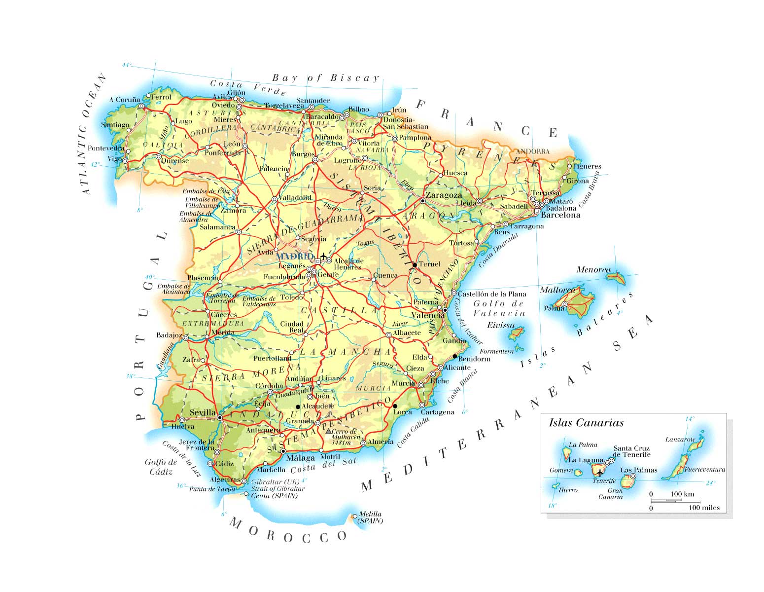 Карта автомобільних доріг Іспанії з містами та аеропортами