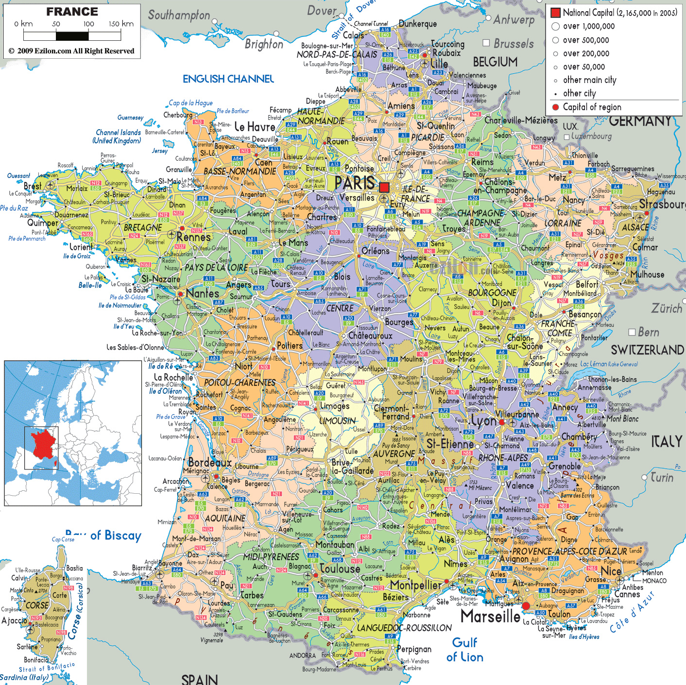 Подробная политическая и административная карта Франции с дорогами, городами и аэропортами
