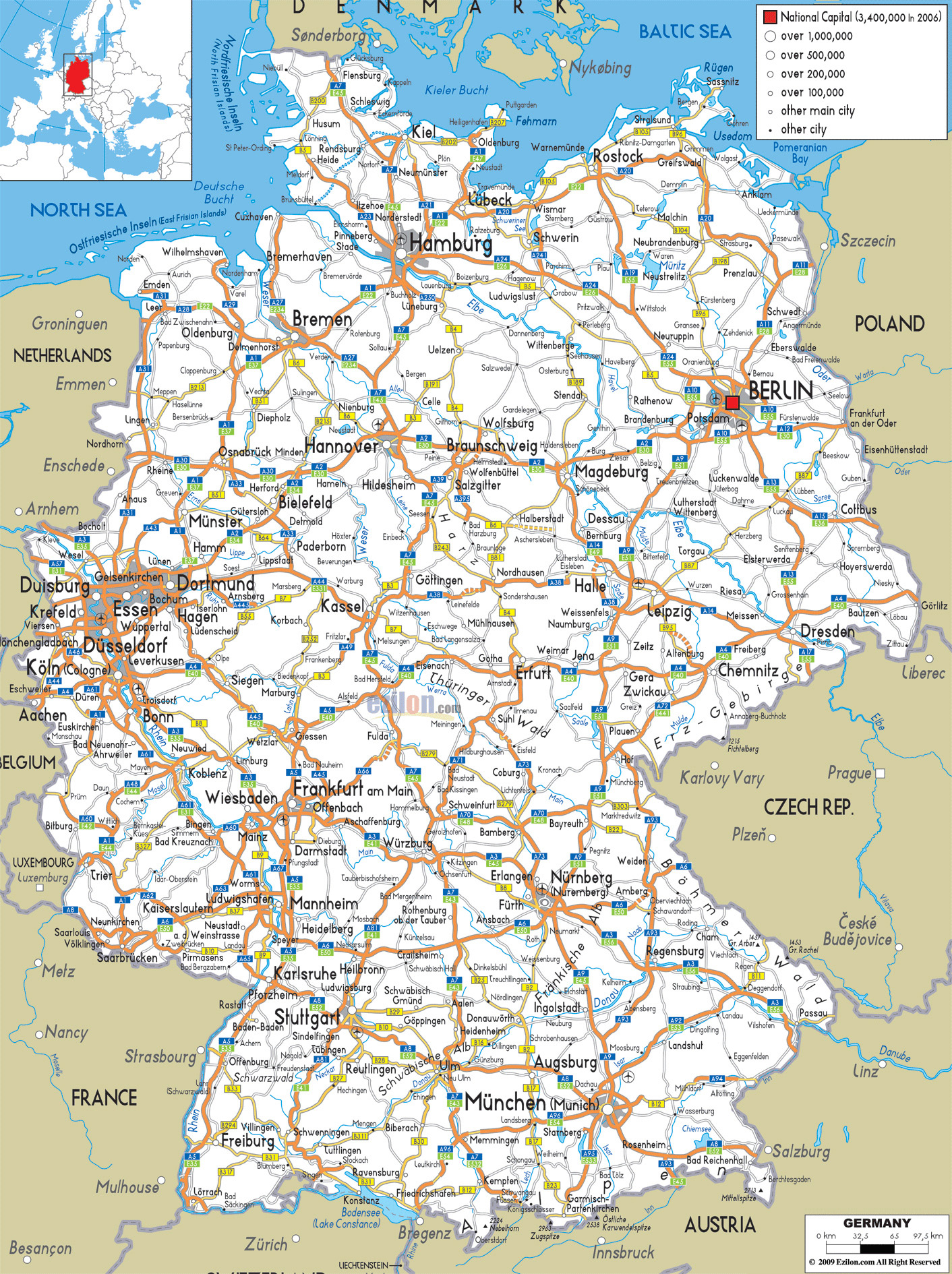 Подробная автодорожная карта Германии с городами и аэропортами