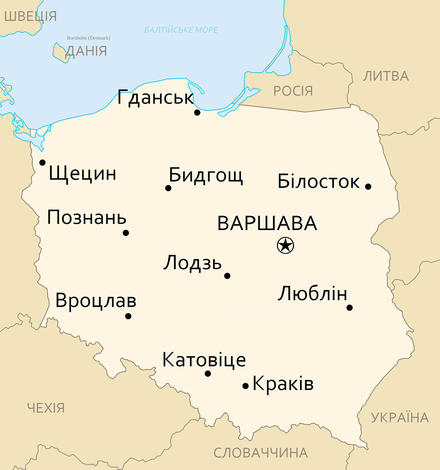 Карта Польши с городами на украинском языке