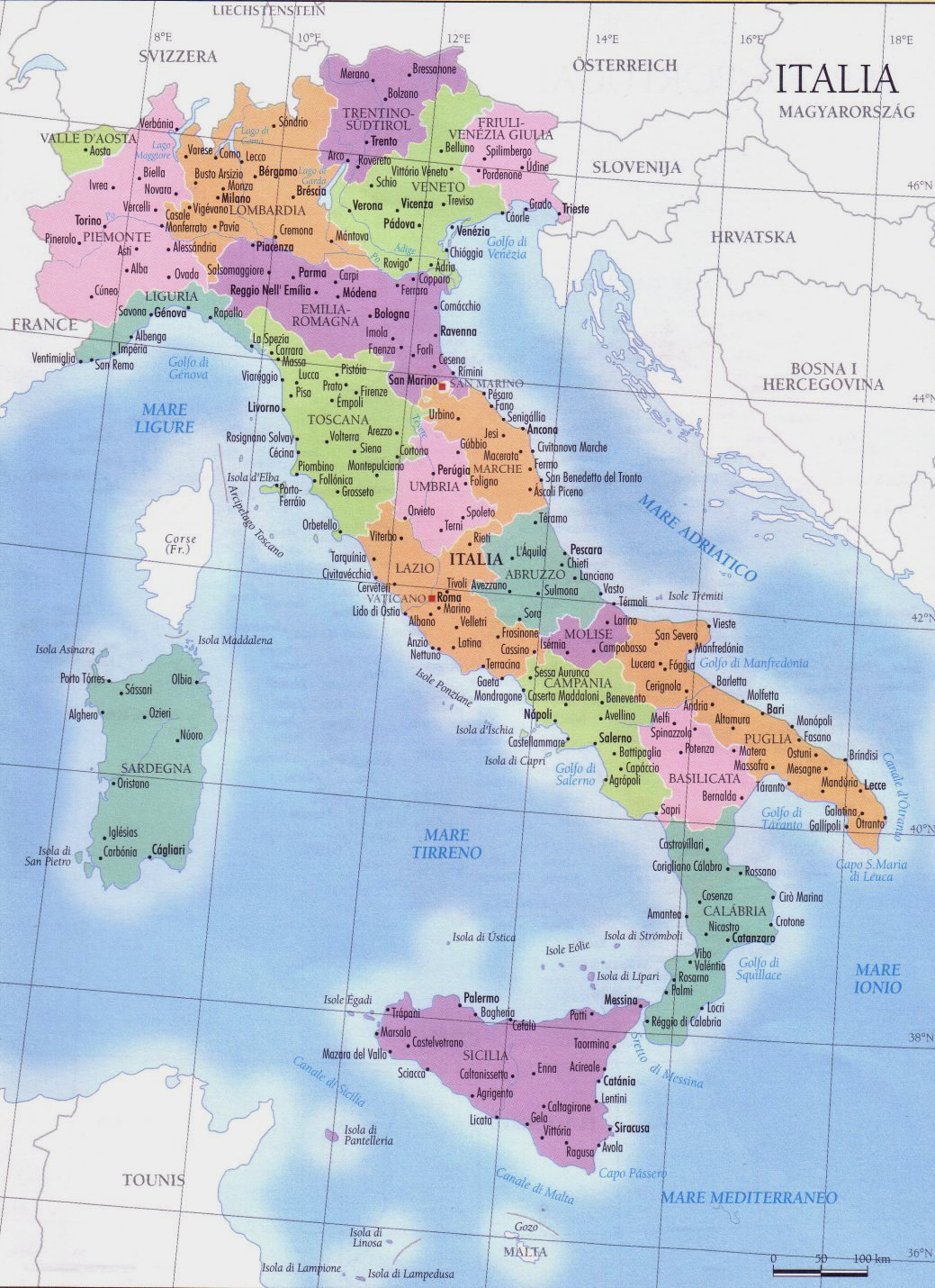 Карта регионов Италии с городами