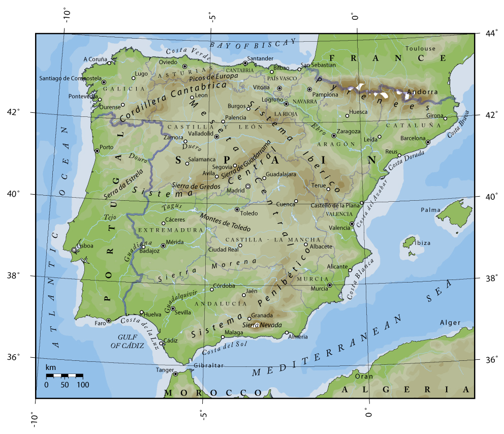 Карта высот Португалии и Испании