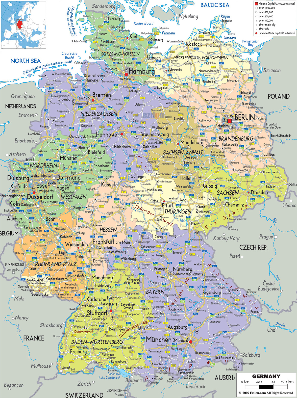 Подробная политическая и административная карта Германии с городами, дорогами и аэропортами