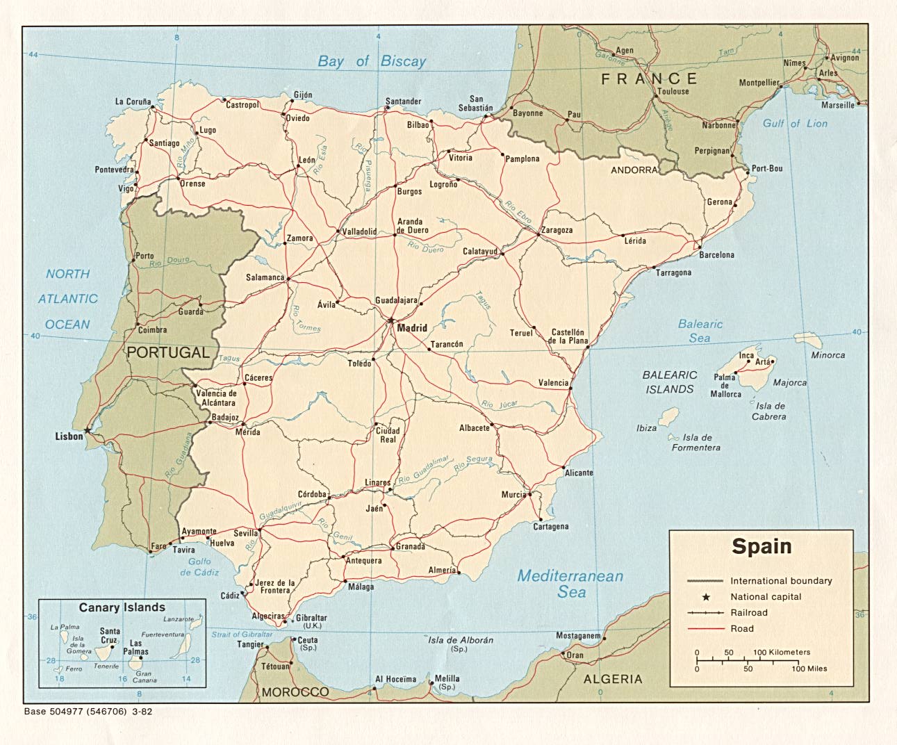 Политическая карта Испании с дорогами и городами