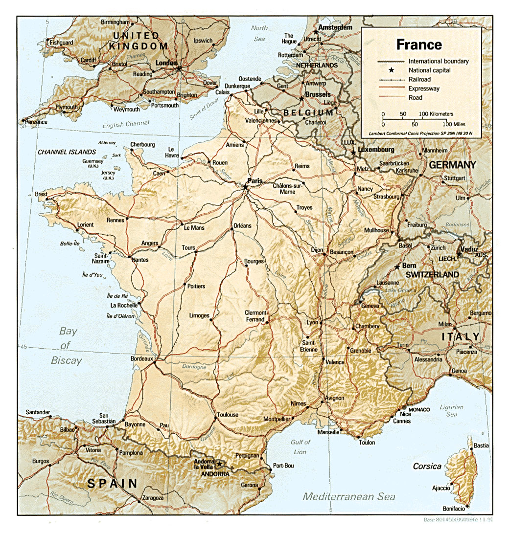 Политическая карта Франции с рельефом