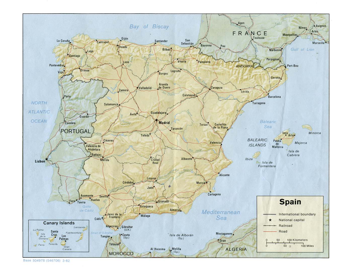 Политическая карта Испании с рельефом, дорогами и городами