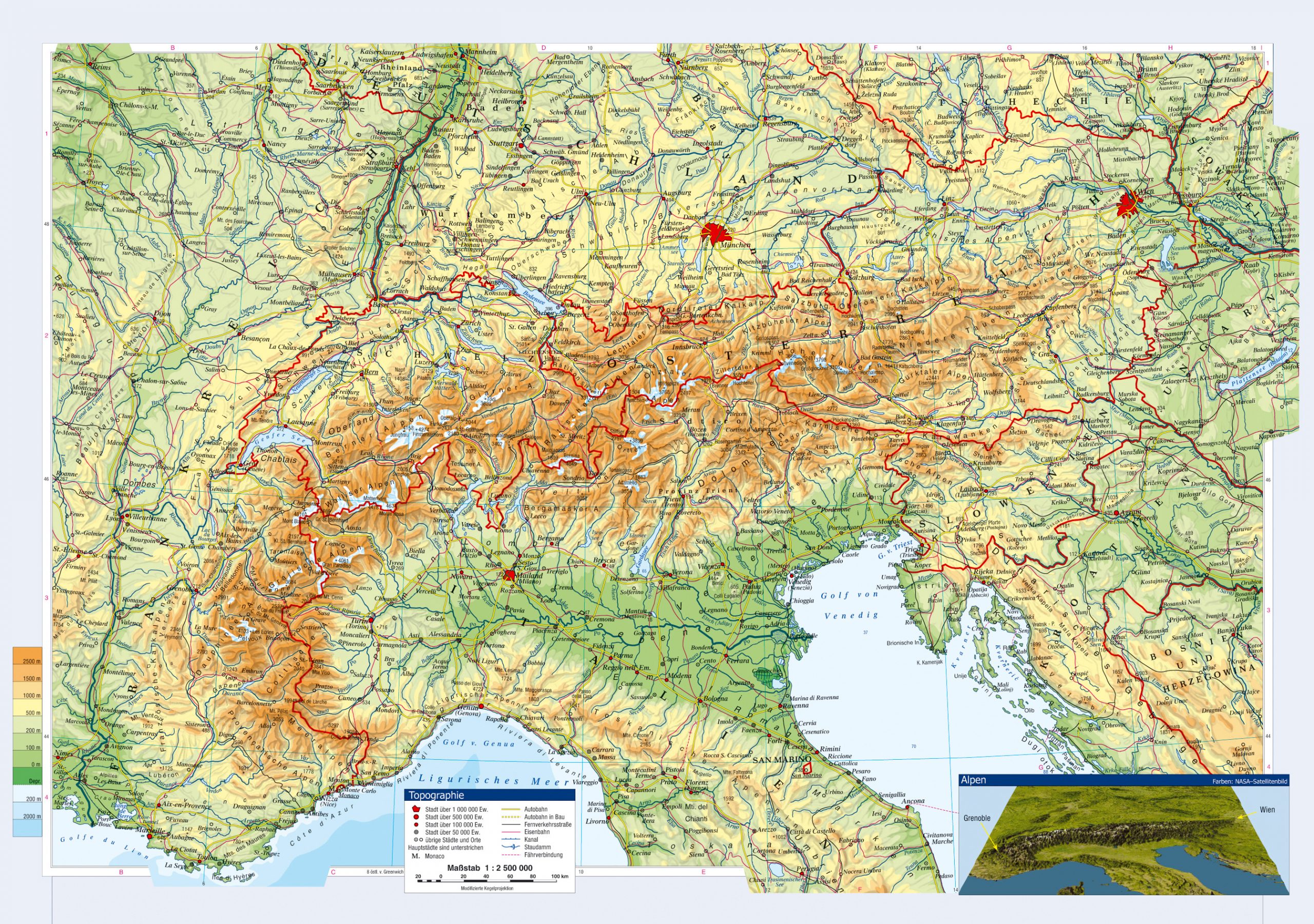 Большая топографическая карта с городами и дорогами Австрии и соседних стран
