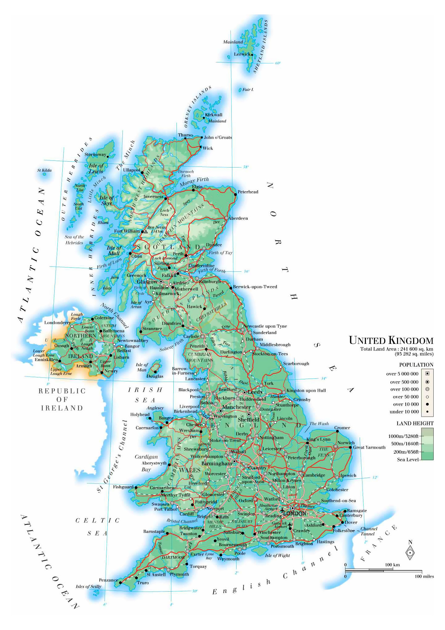 Подробная физическая карта Великобритании с дорогами, городами и аэропортами