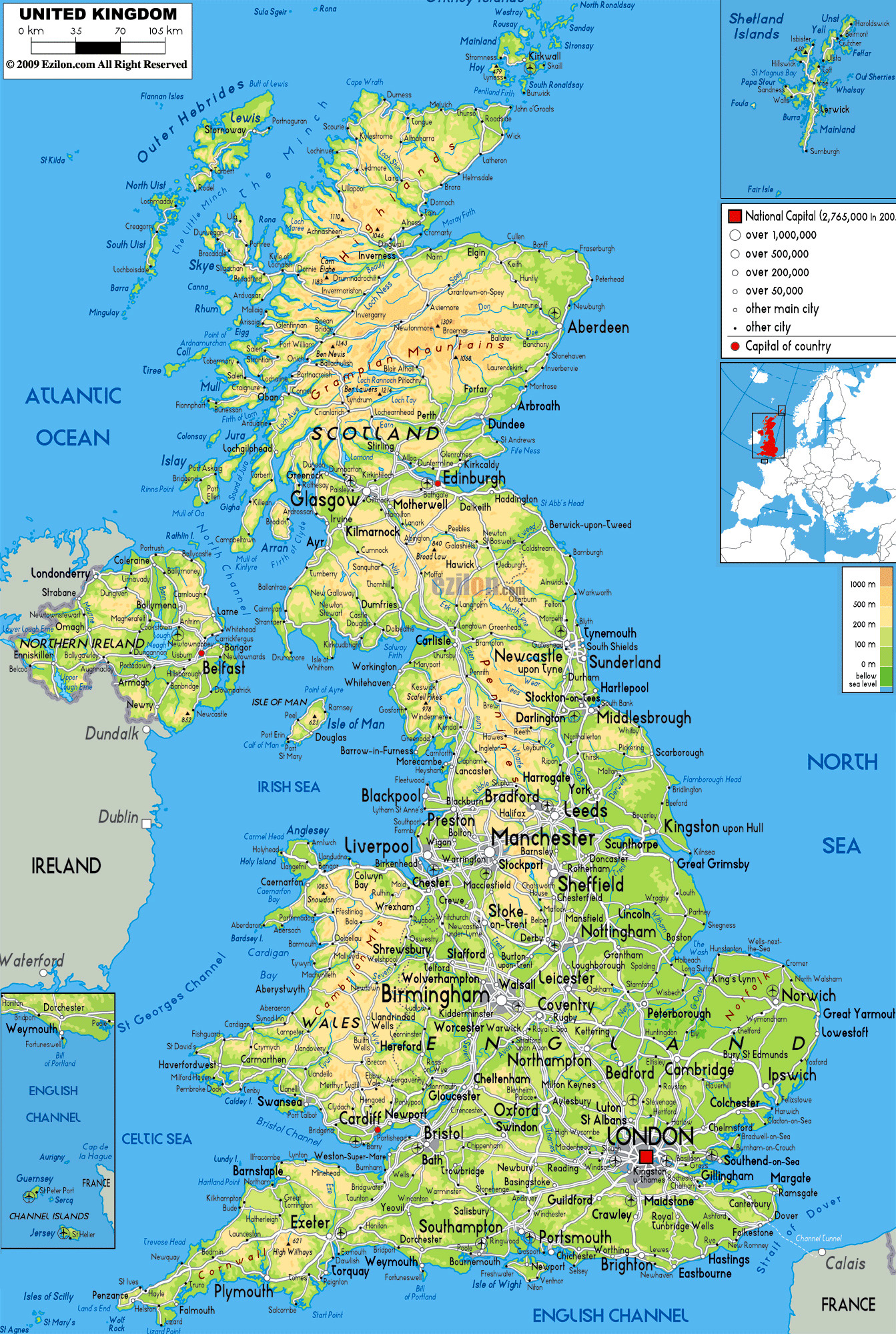 Детальна фізична карта Великої Британії з усіма дорогами, містами та аеропортами