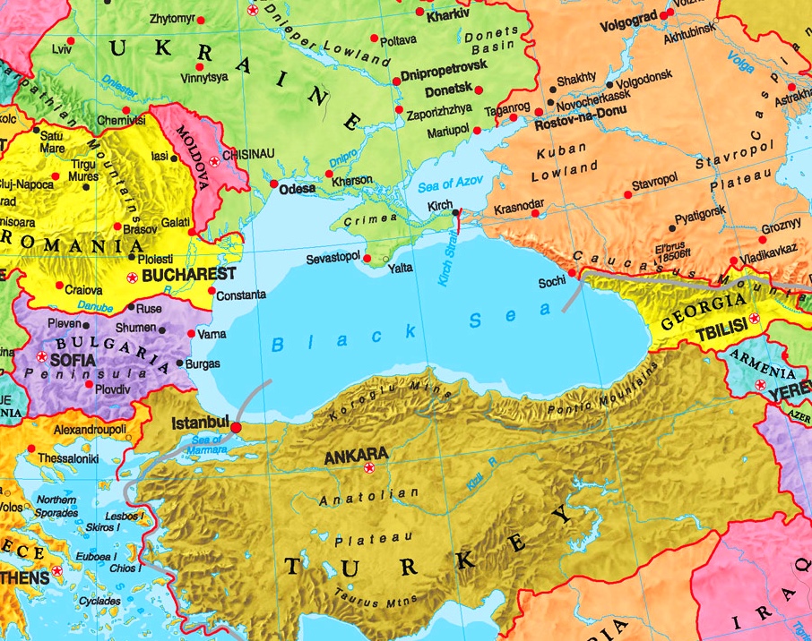 На цій карті зображені чорноморські країни, столиці та міста