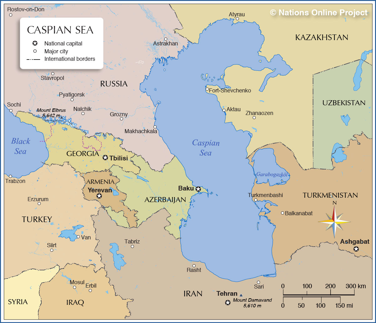 Карта Каспийского моря с различными странами