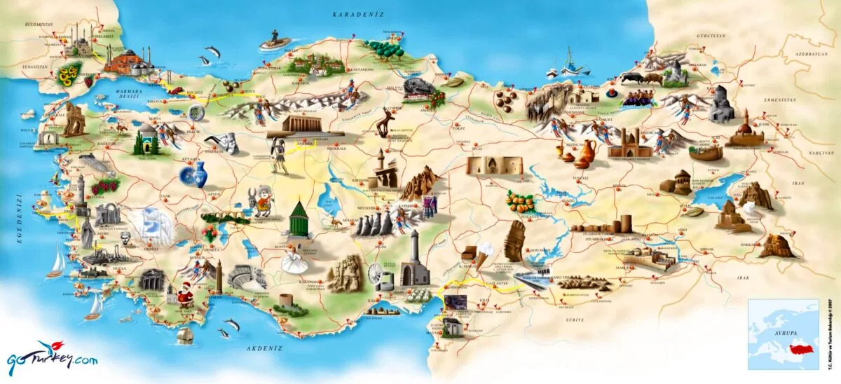 Мапа Туреччини з визначними місцями