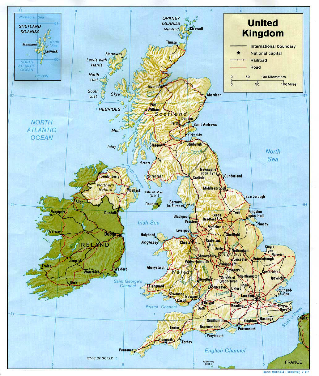 Политическая карта Великобритании - рельеф, дороги, города
