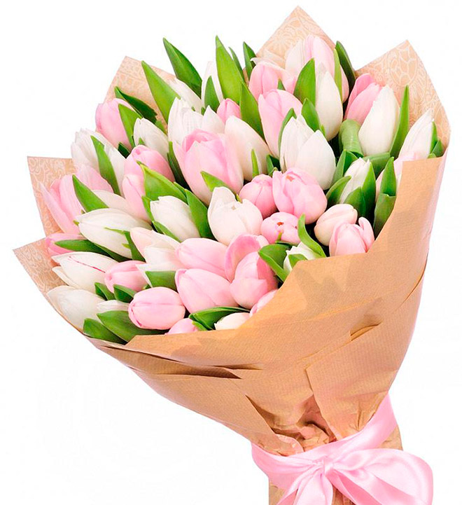 Заказать букет из 35 бело-розовых тюльпанов в Киеве, доставка букета  тюльпанов микс - Superflowers